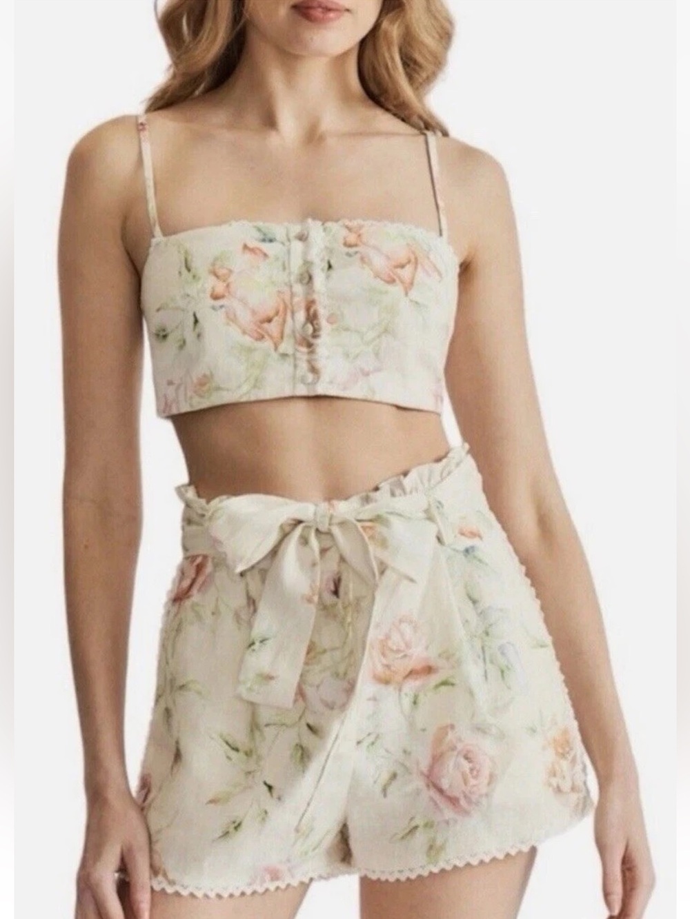 Caroline Constas top shorts cream linen pink rose floral over off white